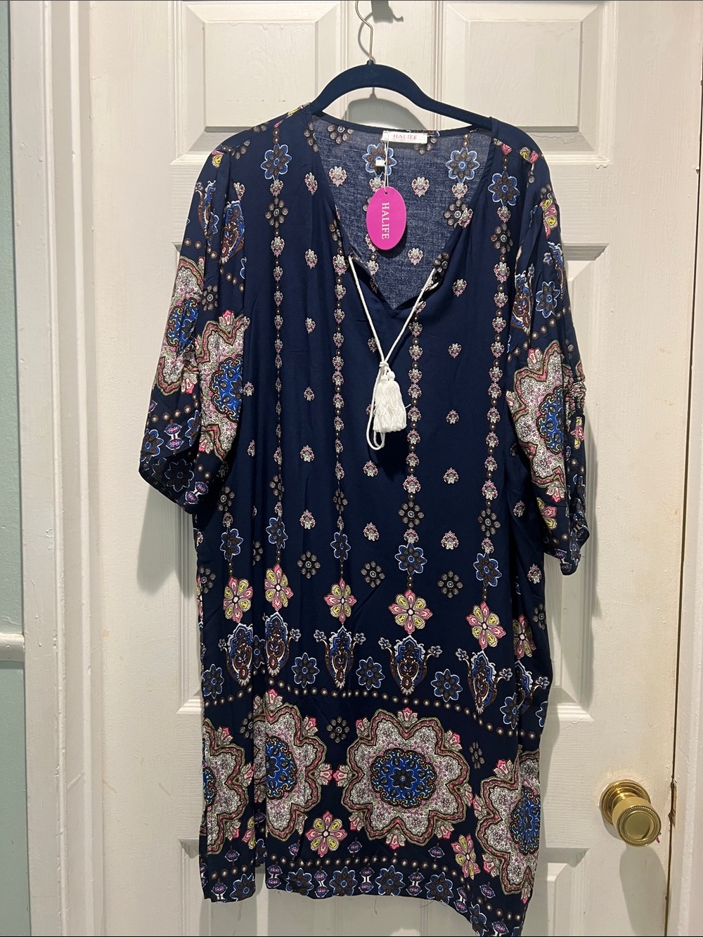 HALIFE Navy Floral Boho V-Neck Dress with Tassel